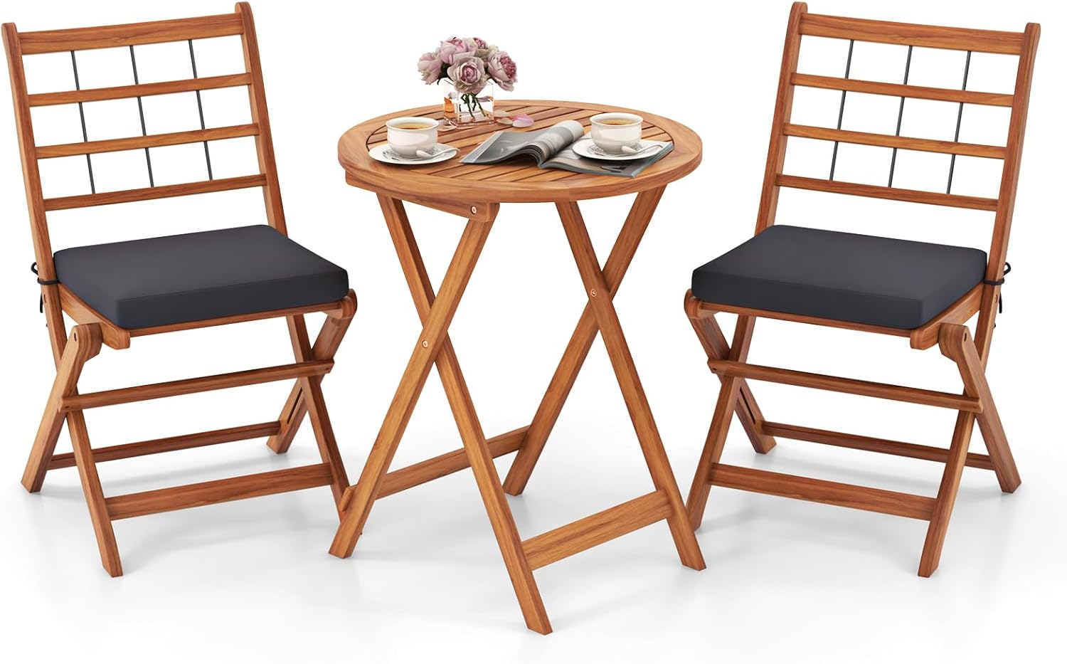 ORALNER 3-Piece Folding Patio Bistro Set, Small Outdoor Acacia Wood Balcony Furniture, Round Coffee Table and 2 Chairs with Soft Cushions, Teak Table Set for Porch, Backyard, Deck (Gray)