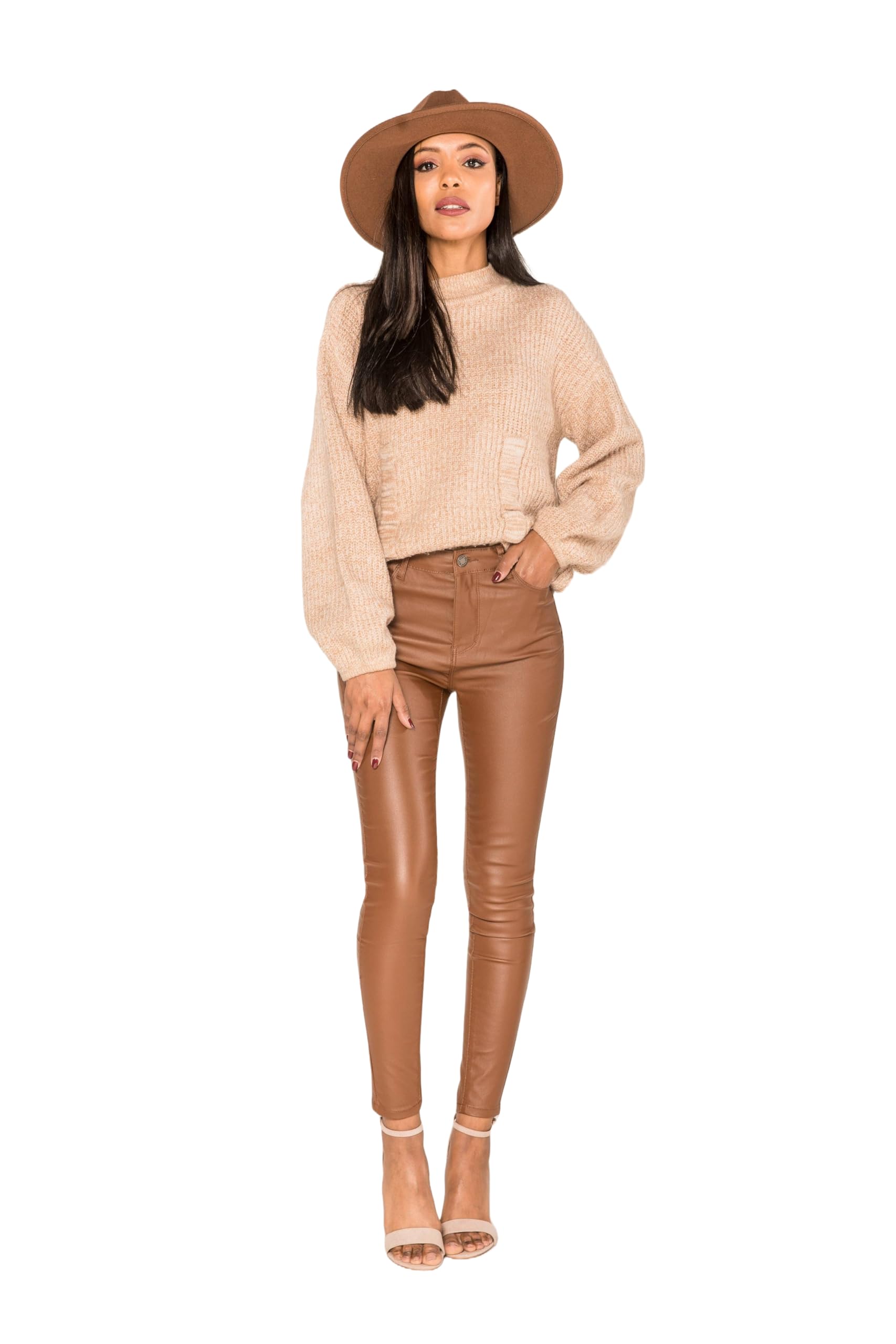Nina Carter S513 Damen Skinny Fit Wetlook Jeans HIGH Waist Lederlook Stretchjeans Jeanshosen Hose Knöchellange 5-Pocket-Style