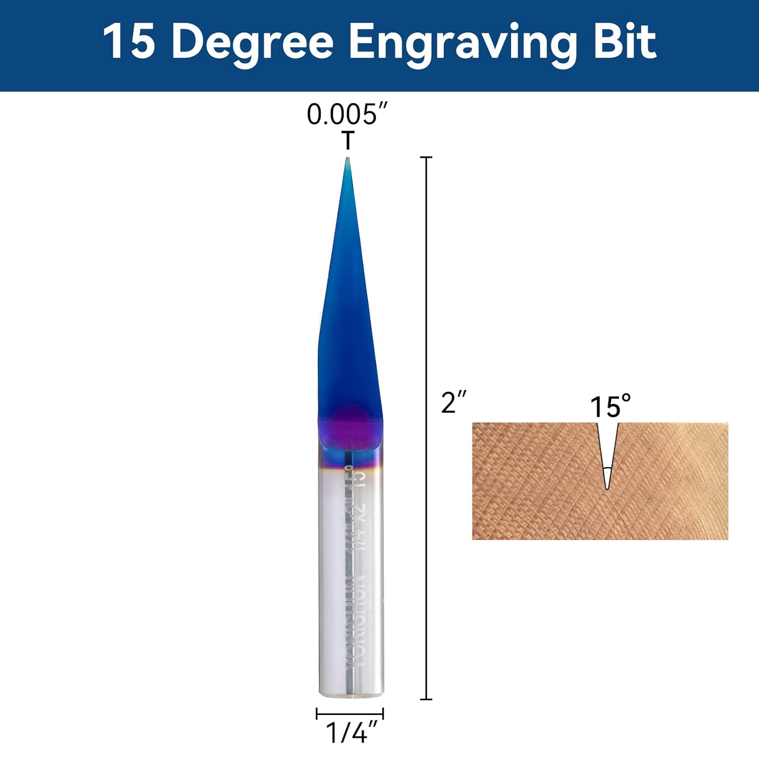 CNC V Bit 15 Degree Engraving Bit 0.005 Tip 1/4 Shank with Nano Blue Coat Solid Carbide V Groove Router Bit for Signmaking Carving