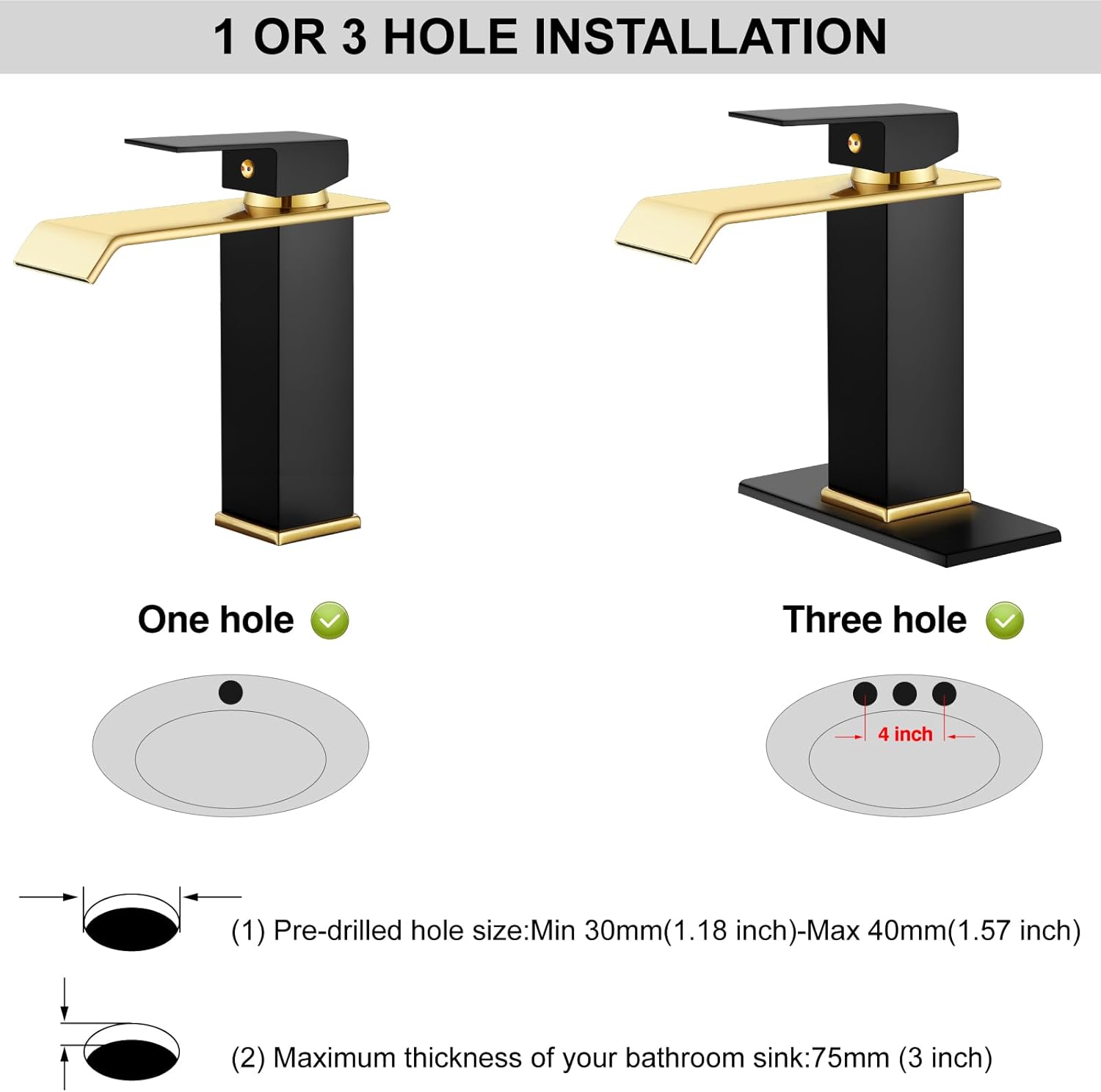Midanya Waterfall Bathroom Faucets, Single Handle 1 Hole Bathroom Sink Faucet Modern RV Vanity Restroom Lavatory Basin Faucet with Pop Up Drain and Water Supply Lines,Matte Black and Shiny Gold