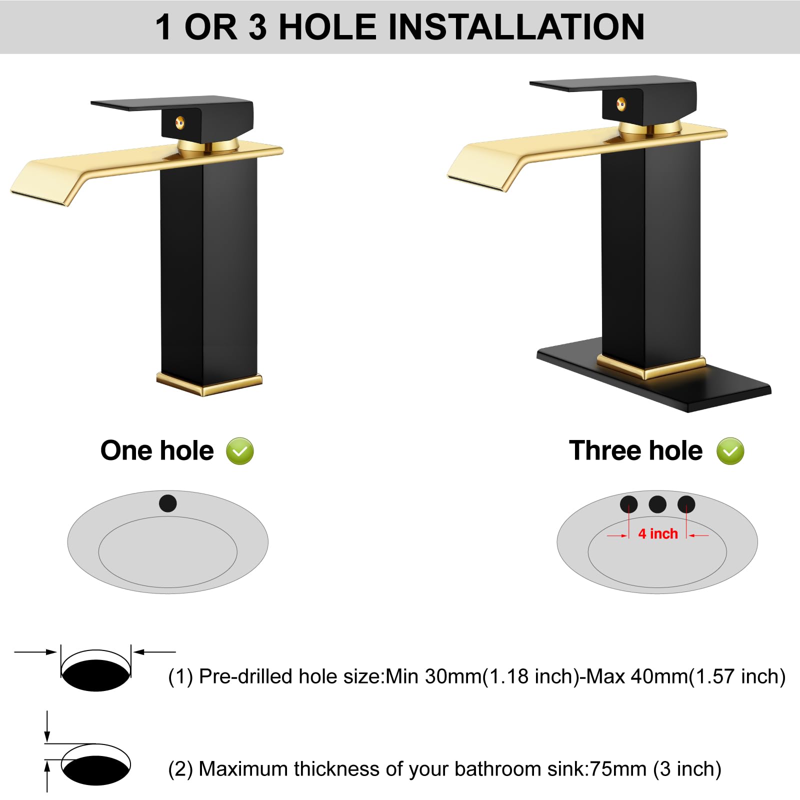 Rubinetto da bagno a cascata, rubinetto monocomando a 1 foro per lavabo, moderno, per camper, bagno, toilette, con scarico a scomparsa e tubi di alimentazione dell'acqua, nero opaco e oro lucido