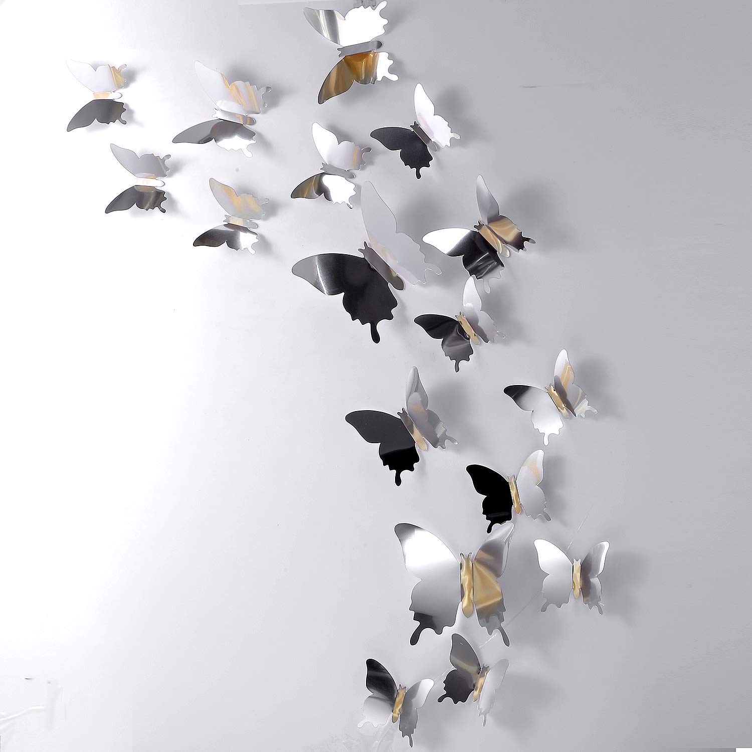 LULJY 60 Piezas DIY Mariposa Espejo Combinación 3D Adhesivos de Pared Decoración del Hogar (Plata)