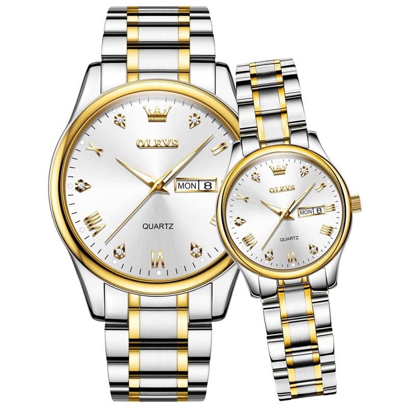 OLEVS Reloj de cuarzo para parejas, luminoso, calendario, fecha, negocios, formal, de lujo, para hombre y mujer, impermeable, casual, acero inoxidable, para parejas, boda, romántico, 2 piezas, Dorado