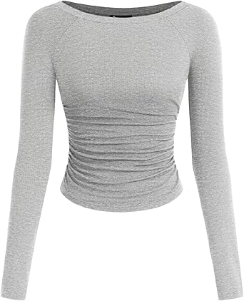 PRETTYGARDEN Long Sleeve Shirts for Women 2025 Fall Ruched Sides Boat Neck Basic Tee Casual Fitted Ribbed Knit Crop Tops