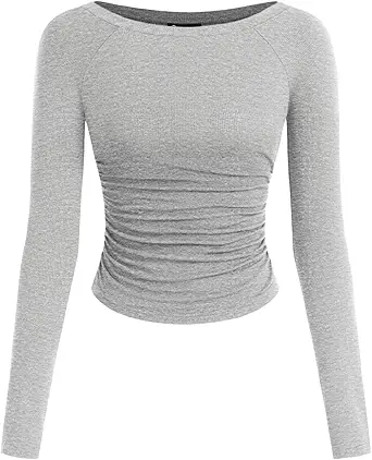 PRETTYGARDEN Long Sleeve Shirts for Women 2025 Fall Ruched Sides Boat Neck Basic Tee Casual Fitted Ribbed Knit Crop Tops