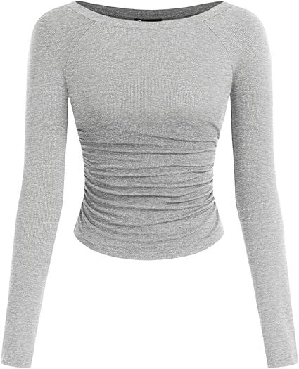 PRETTYGARDEN Long Sleeve Shirts for Women 2025 Fall Ruched Sides Boat Neck Basic Tee Casual Fitted Ribbed Knit Crop Tops