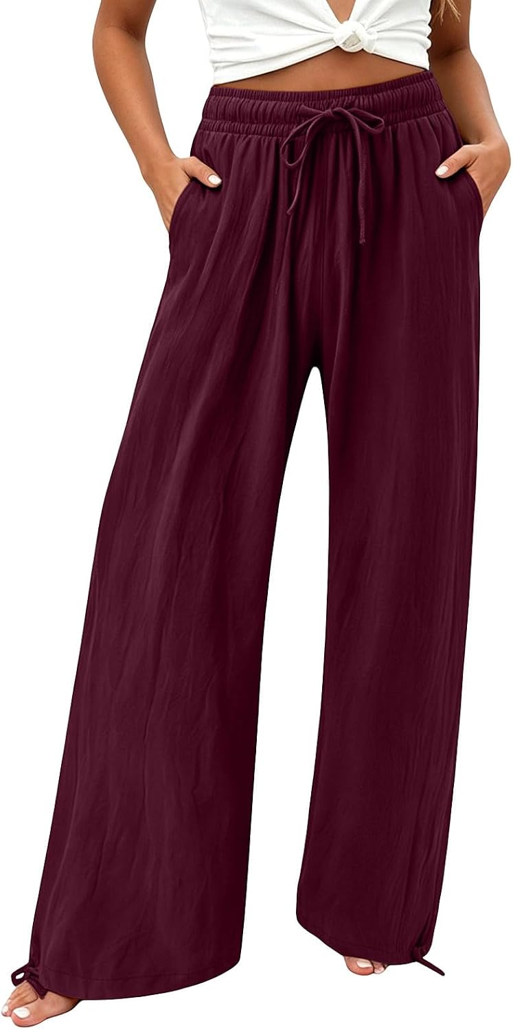 Casual Wide Leg Pants for Women Loose Fit Lightweight Drawstring Trousers Boho Vintage High Waisted Palazzo Pant