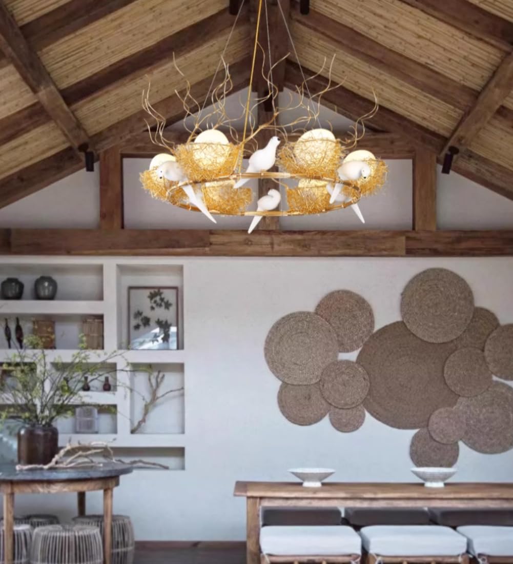 Bird Nest Chandelier Metal Wire Cage Chandelier Rustic Gold Pendant Lighting with White Glass Globe Shade and Bird Accents for Living Room Dining Room - 6 Light