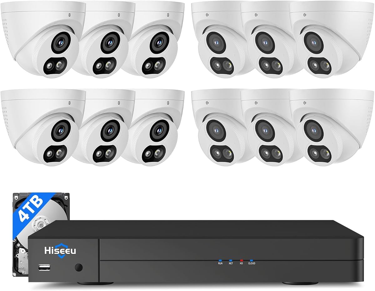 Hiseeu 12MP NVR 12 Pcs 4K PoE Security Cameras, 4TB HDD | 4K HD, 121°Wide View, 2 Way Audio, Color Night Vision, Human Vehicle Detect, 7/24 Record, 0 Monthly Fee