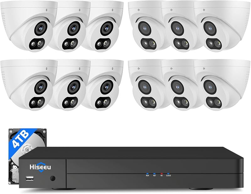Hiseeu 12MP NVR 12 Pcs 4K PoE Security Cameras, 4TB HDD | 4K HD, 121°Wide View, 2 Way Audio, Color Night Vision, Human Vehicle Detect, 7/24 Record, 0 Monthly Fee
