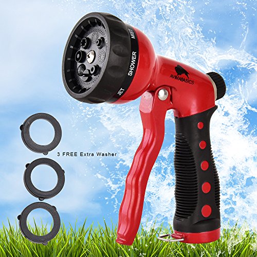AvimaBasics Premium Durable Garden Hose Nozzle – Hand Sprayer Heavy Duty 8 Adjustable Pattern Metal Watering Gun – High Pressure - Perfect for Garden Plants Lawn Car Wash Washing Pets (1)