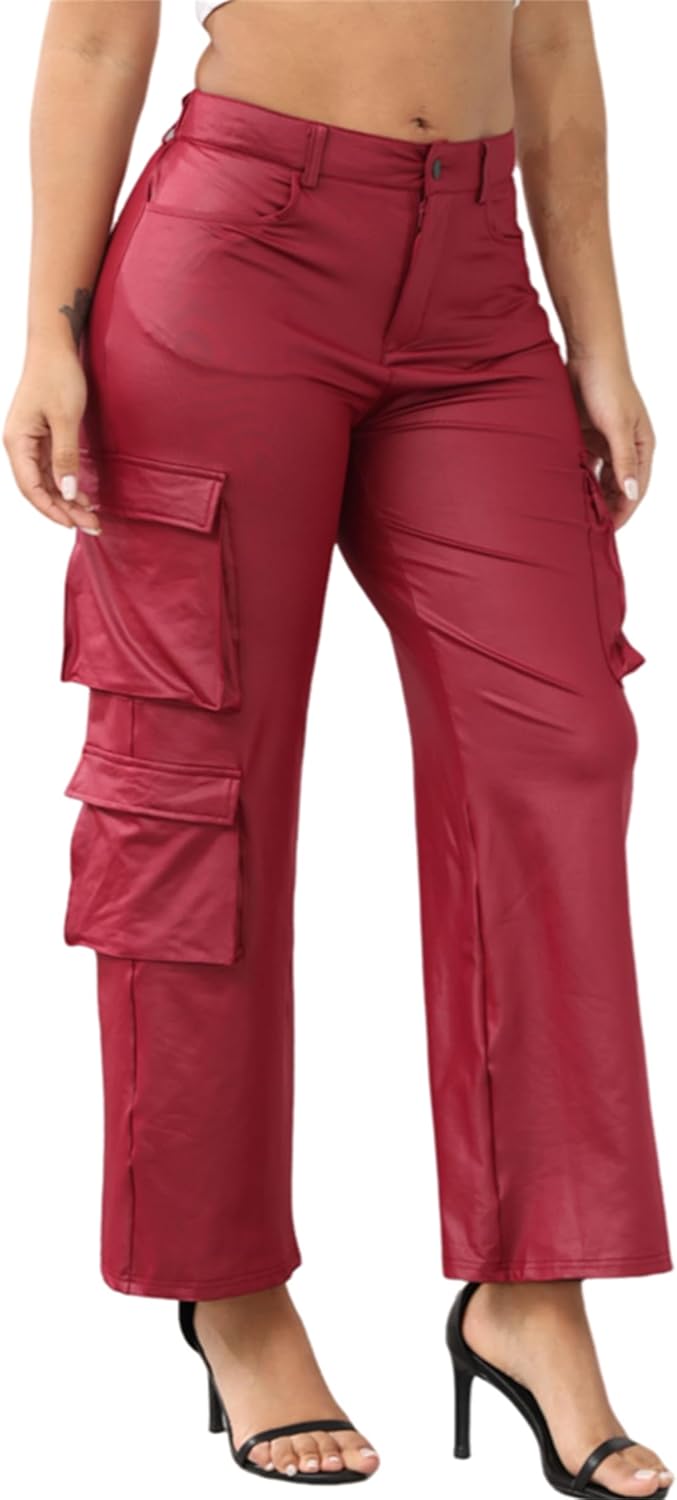 CALEBGAR Women's Faux Leather Pants Stretchy High Waisted Straight Wide Leg Baggy Cargo Pants Trousers with Pockets - Image 5
