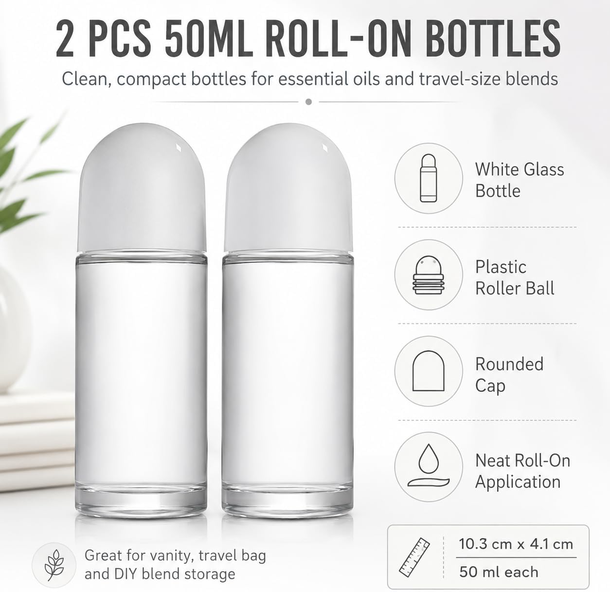 2Pcs Glass Roll-On Bottles, 50ML, White with Plastic Roller Ball and Cap for Essential Oils