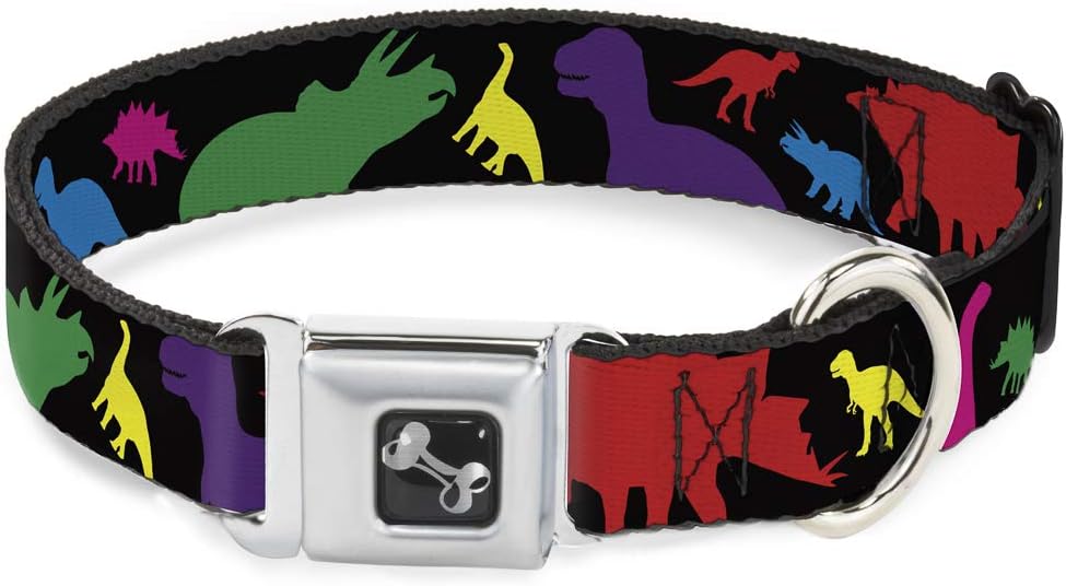 Buckle-Down Seatbelt Buckle Dog Collar - Dinosaur Silhouette Black/Multi Color - 1" Wide - Fits 15-26" Neck - Large
