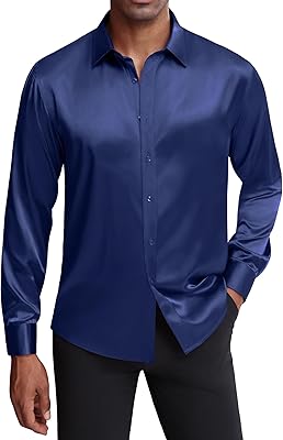 J.VER Men's Silk Satin Long Sleeve Dress Shirts Shiny Casual Button Down Shirt Luxury Party Prom Shirts