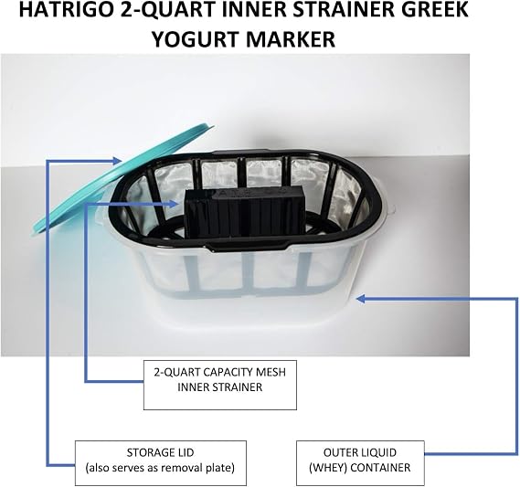 Hatrigo 2-Quart Inner Capacity Greek Yogurt Maker with Extra Fine Mesh Stainless Steel Strainer Basket, BPA-Free Greek Yogurt Strainer (12 x 8 x 6 in)