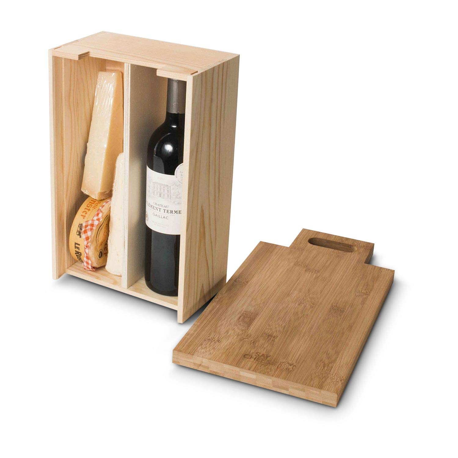 Römer Präsente Geschenkset Say Cheese: 8-teilig; 1 Montepulciano Rotwein, 1 Glas Feigensenf, 1 ROMINOX- Käsemesserblock (magnetisch) mit 4 Besteckteilen in wandelbarer Weinverpackung als Käsebrett