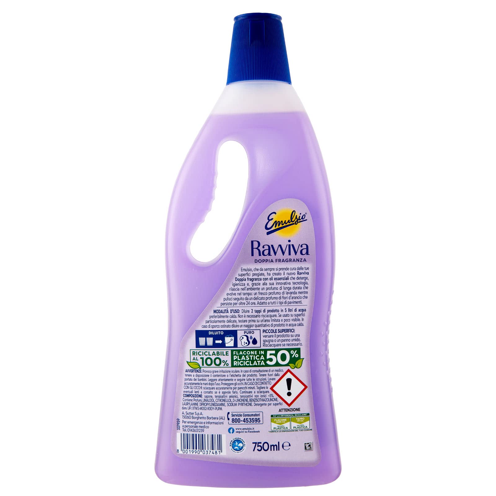 Emulsio Ravviva Doppia Fragranza Detergente Pavimenti ad Azione Igienizzante Formula Prima&Dopo con Lavanda e Fiori d'Arancio Profumo a Lunga Durata per Tutti i Tipi di Pavimento - 12 Flaconi da 750ml