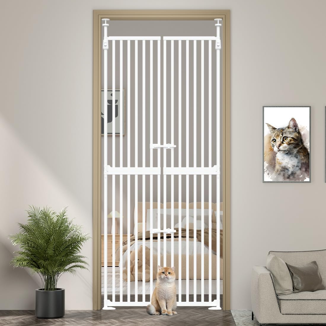 71" High Extra Tall Cat Gate, 34-36 Inch Tall Pet Gates, Auto Close Kitten Safety Gates, Double Pet Door for Doorway, Indoor Pet Barrier, No Drilling, Cats Proof Gate, Kitchen 34"-36"