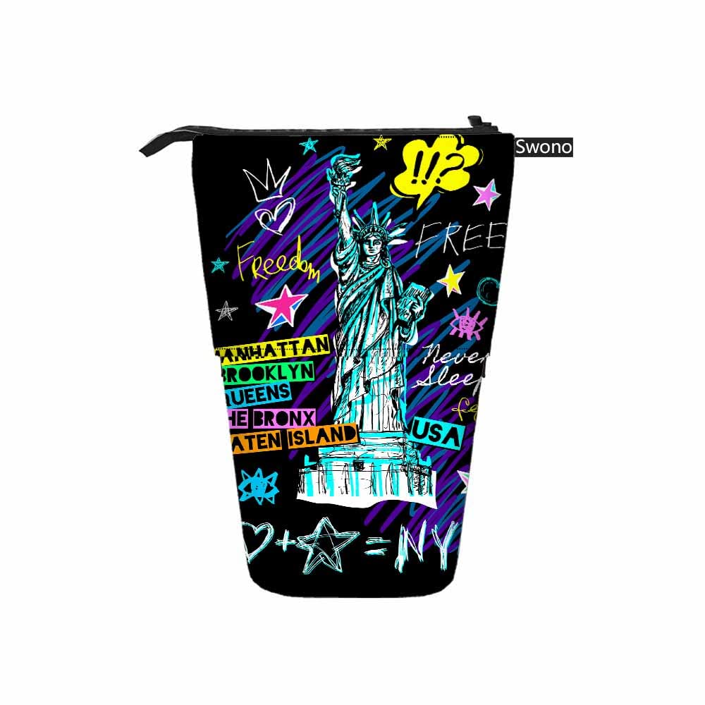 Swono Statue Of Liberty Pencil Case New York City Freedom Doodles Standing Pencil Case Pencil Holder Pencil Pouch Cosmetics Pouch Makeup Office Bag Colorful