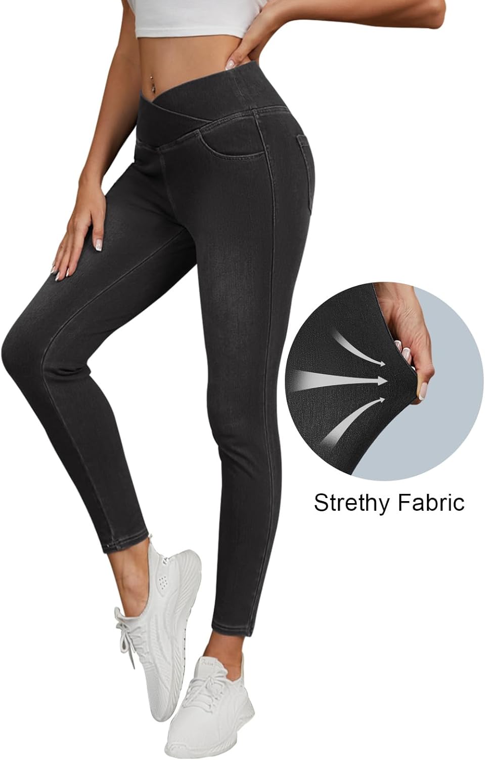 Stretchy Jeans for Women Trendy Butt Lifting Leggings with Pockets Crossover Waisted Jeggings Pull on Skinny Jeans - Image 4