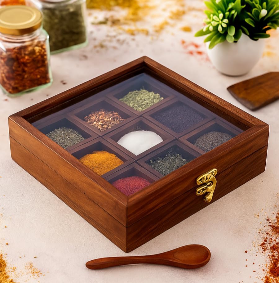 THEHEARTWILL® Sheesham Wood Spice Box with 2 Spoons – 9 Compartments Masala Box/Masala Dabba/Masala Container/Masala Dabba Organizer for Kitchen | Decorative Handmade Wooden Storage Box (Brown).