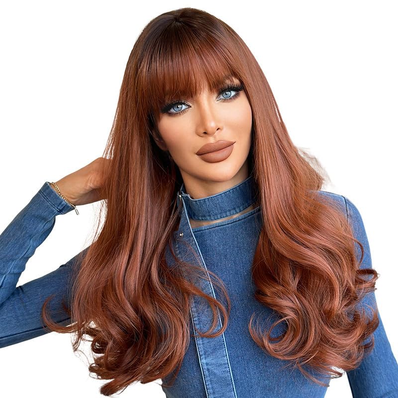 Perruque cheveux longs bouclés brun rouge femme à frange perruque coupe grandes vagues volumineuse
