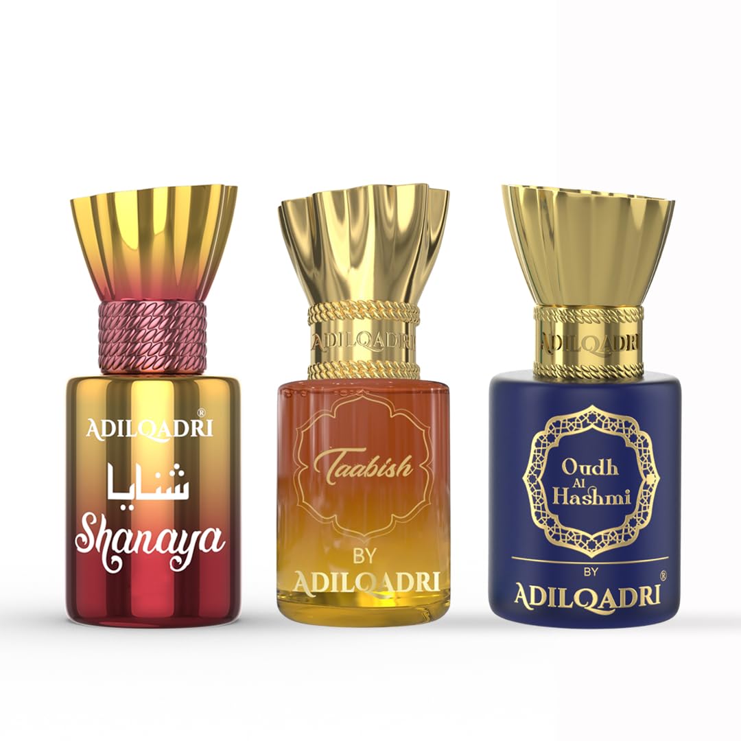 Adilqadri Shanaya Taabish & Oudh Al Hashmi Attar Combo Pack | Arabic & French Blend, Fruity & Sweet Scent | Long-Lasting Non-Alcoholic Roll-On Attar for Men & Women | Gift for Him & Her | 3 x 5.5 ML