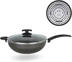 Panela Frigideira Wok Fundo de Indução 4,5L Alumínio Revestimento Antiaderente Tampa de Vidro Fogão Indução Dona Chefa