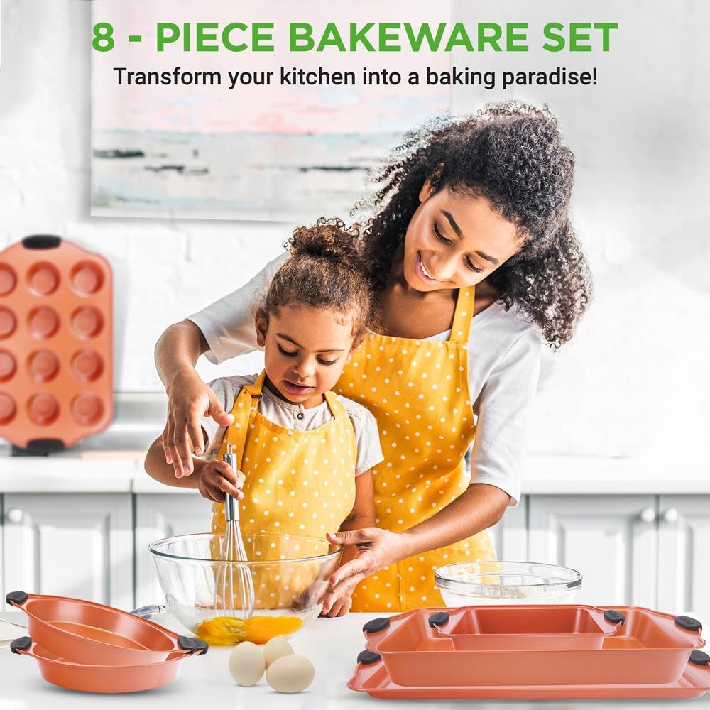 NutriChef Backformen Set 8-teilig, Antihaft mit Silikongriffen- Stapelbar & Spülmaschinengeeignet, Für Kuchen Muffins Brot & Springform, Ideal für Hobbybäcker, Familien und Partys