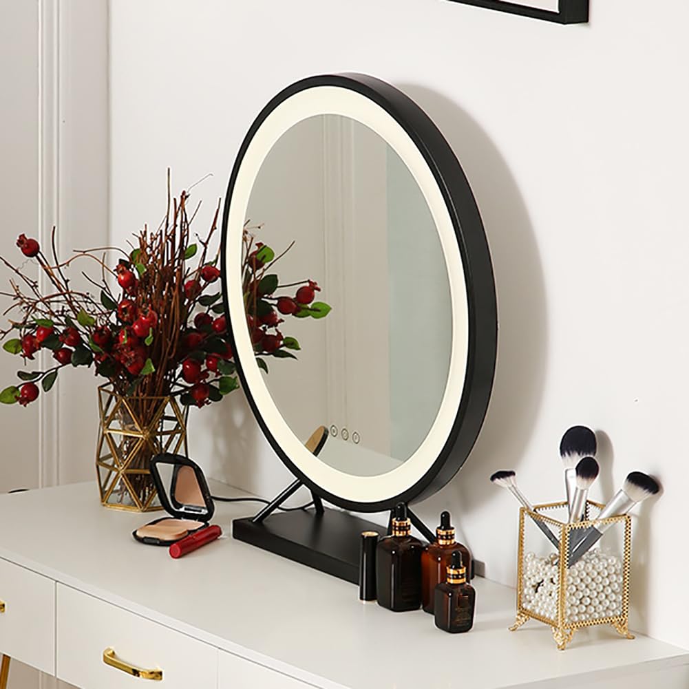 Tabletop Make -Up -Spiegel Mit LED -Licht, Abgerundeter Schreibtisch/Kommode Waschtisch Make -Up -Spiegel, Moderner Beleuchteter Spiegel Für Frau, Geburtstag Hochzeitsgeschenk,Schwarz,50cm
