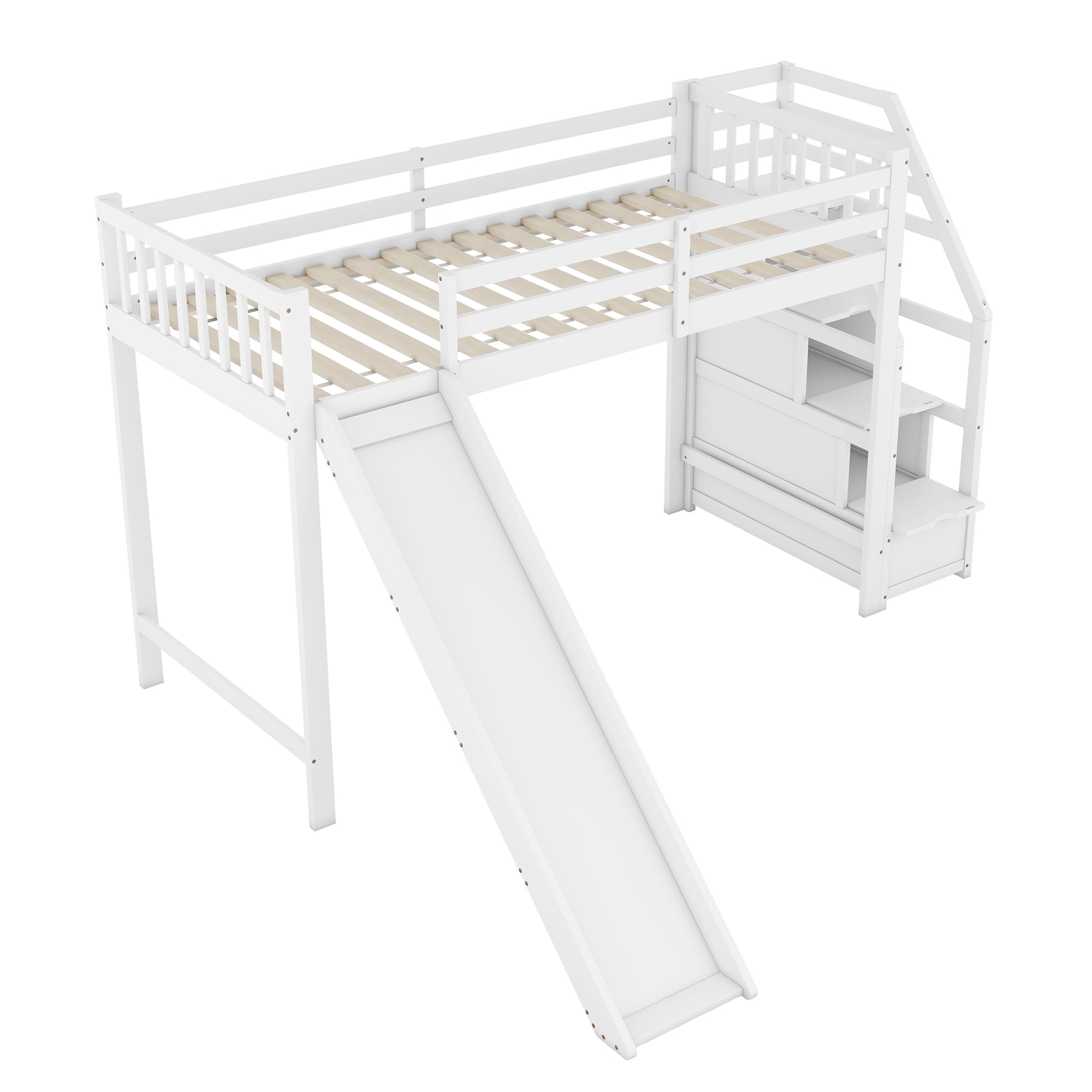 Kinderbett mit Rutsche und Treppe (Ablageleiter), Hochbett 90x200cm, Bett mit Lattenrost & Rausfallschutz, Bettrahmen aus Massivholz, für Kinder und Jugendliche, EN747 Zertifiziert, Weiß