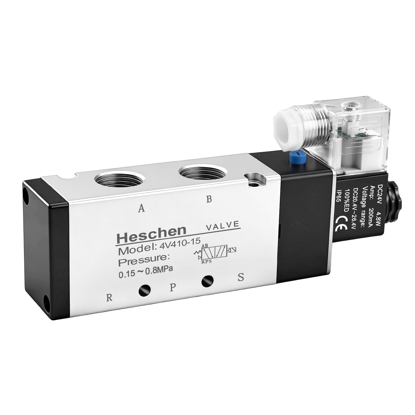 Heschen Electrical Pneumatic Solenoid Valve, 4V410-15, 24VDC 4.8W, PT1/2'', 5 Way 2 Position, CE