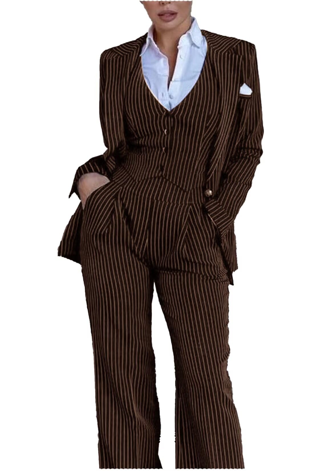 Womens 3 Piece Business Stripes Suit Set Slim Fit Professional Blazer Jacket Vest Pant for Work Office