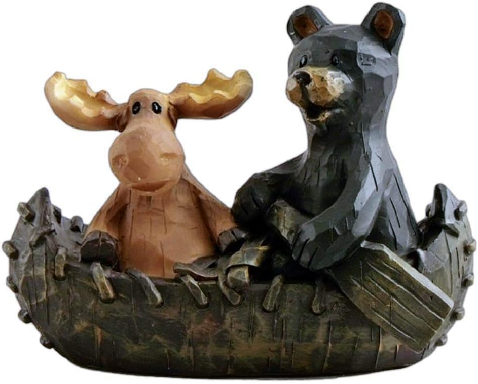 The Bridge CollectionCanoeing Moose & Black Bear Figurine in a Wood Carved Style - Unique Tabletop Decoration for Cabin, Lodge Home Decor