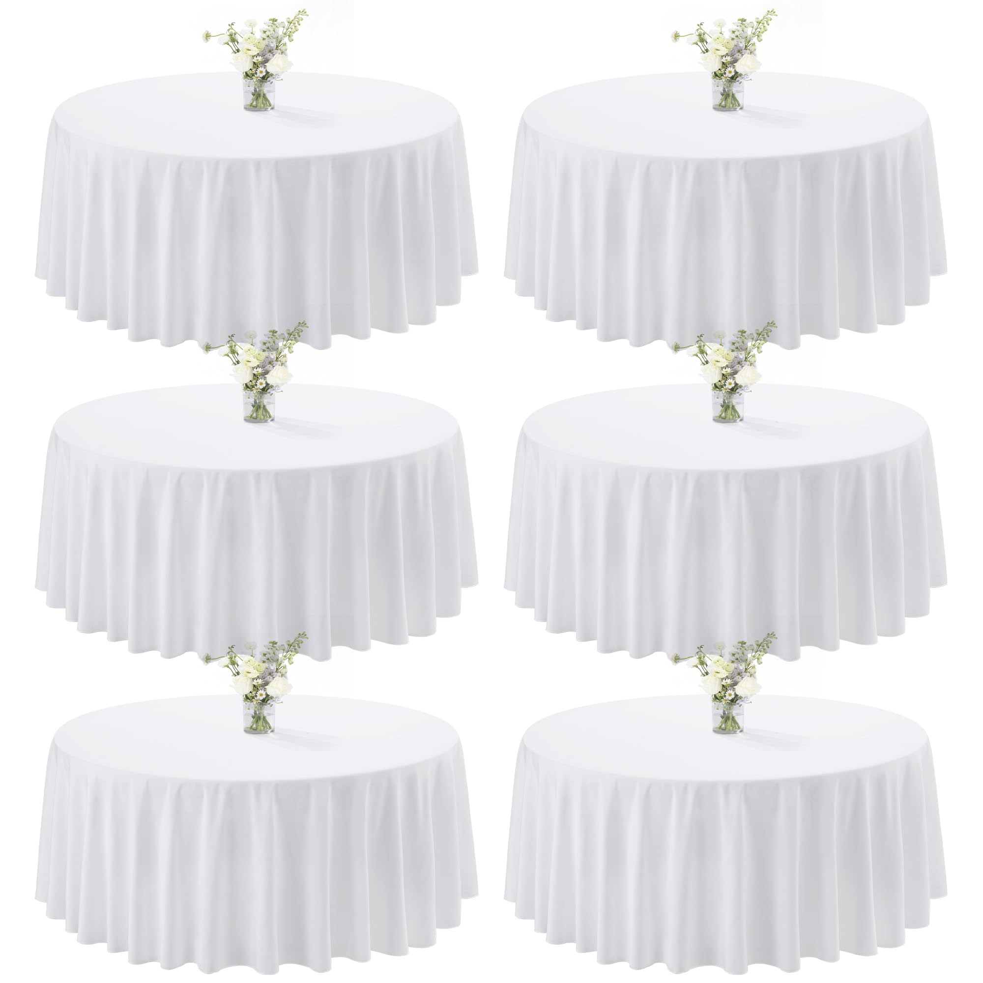 Photo 1 of joybest 6 Pack White 108 Inch Round Tablecloths, Washable Polyester Fabric Circle Table Cloth for Wedding Party Banquet Birthday Buffet Restaurant