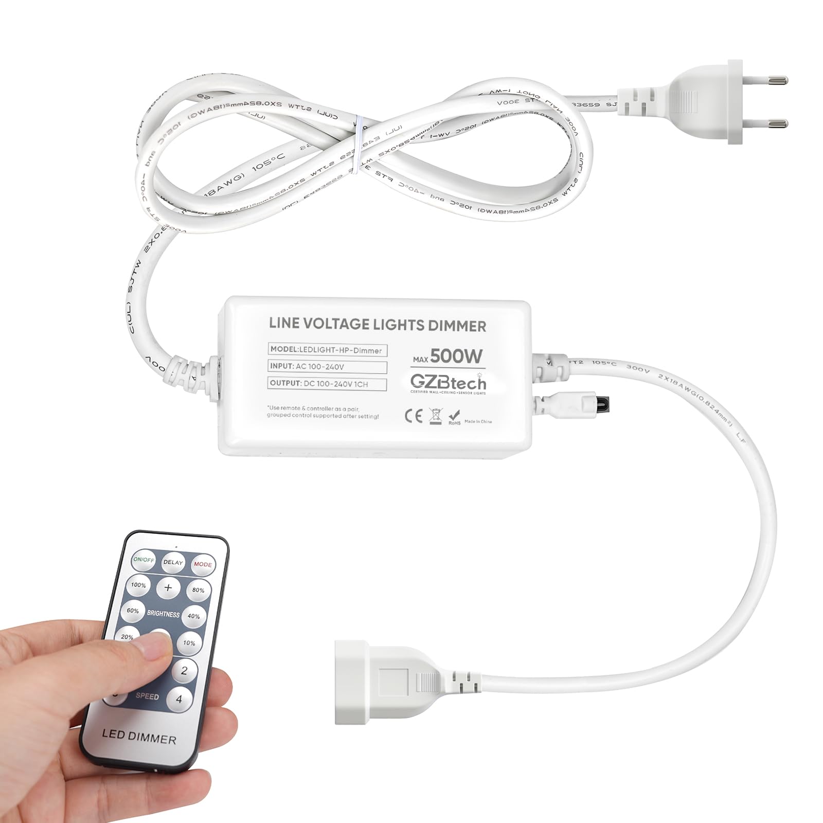 GZBtech Dimmer universale per strisce LED, dimmer da 500 Watt con telecomando, portata di controllo 20 m (spina a 2 pin)
