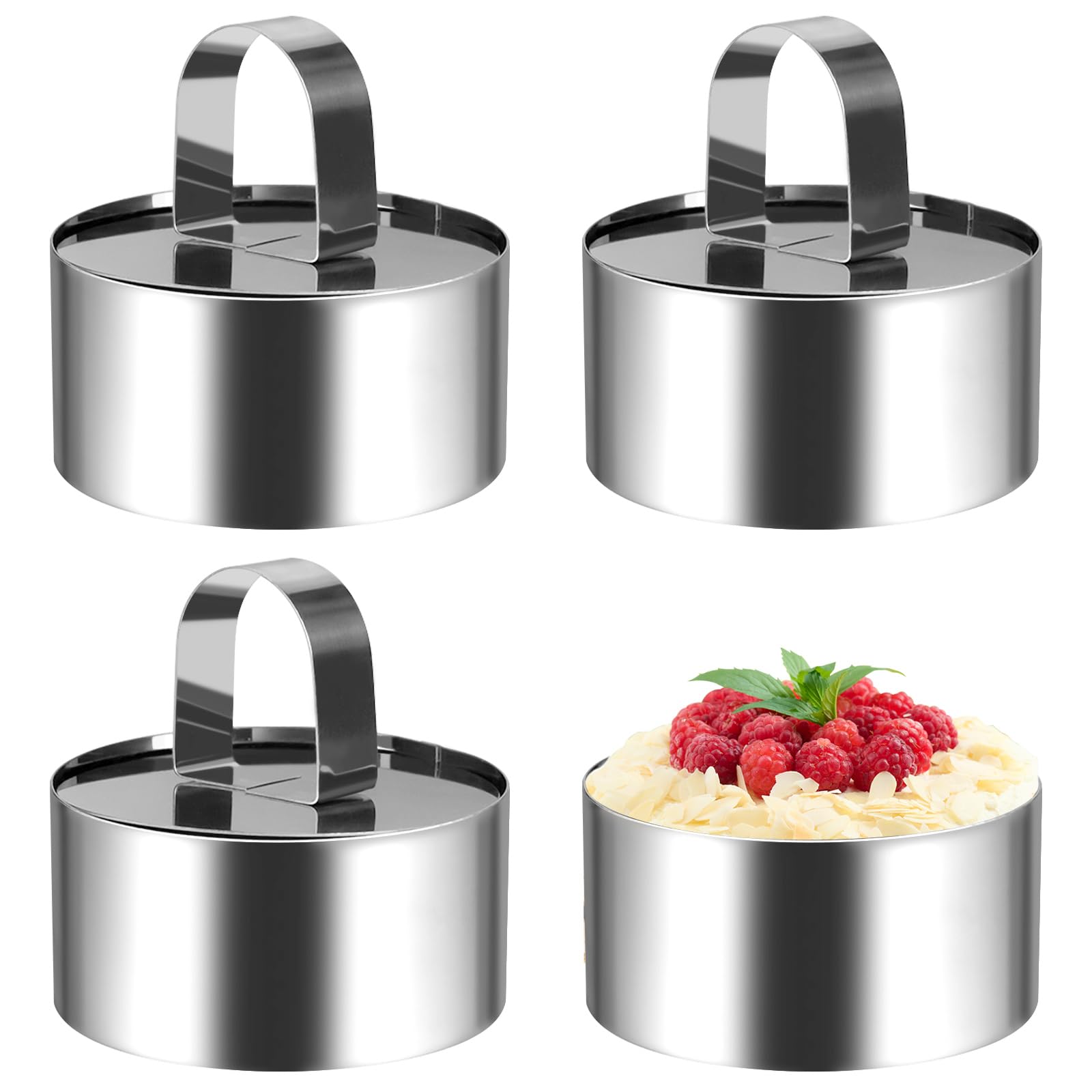 4 anillos redondos para tartas, moldes de acero inoxidable para mousse y pastelería, anillos de cocina de alimentos con empujador para cocinar bollos, huevos, mousse de pastelería, postres,