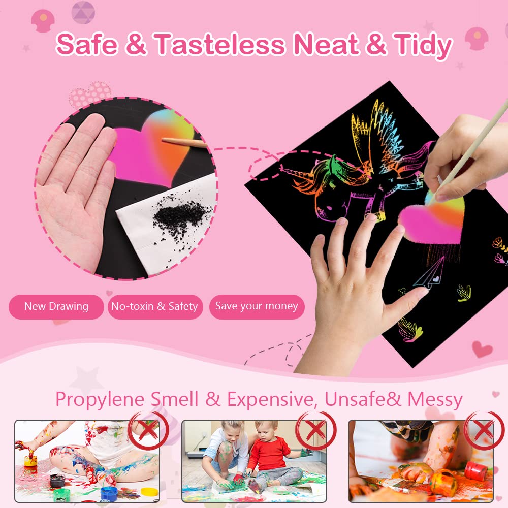 Vicloon Scratch Art, 50Pcs Scratch Art Paper per Bambini, Blocco da Disegno Arcobaleno Paper Set, Arcobaleno da Grattare Regali per Bambini con 5 Stilo in Legno e 4 Righelli Modello