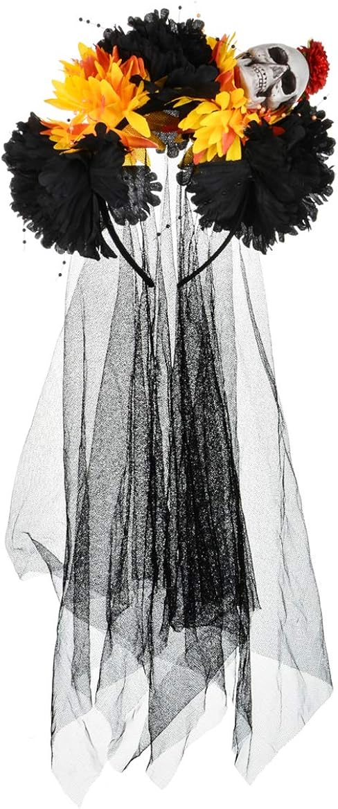 Merroyal Women's Dia de los Muertos Rose Flower Costume Headpiece Halloween Day of The Dead Veil (Skull Black and Orange) : Clothing, Shoes & Jewelry