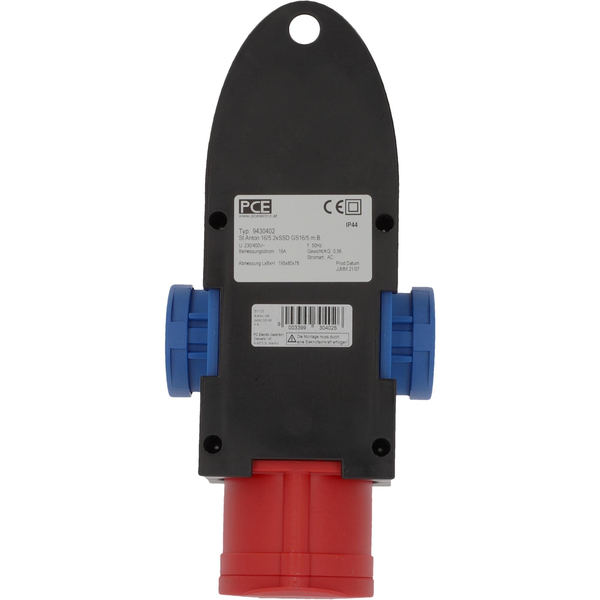 PCE CEE-Mobil-Verteiler, 1xCEE, 2xSchuko 16A, mit Bügel, IP 44