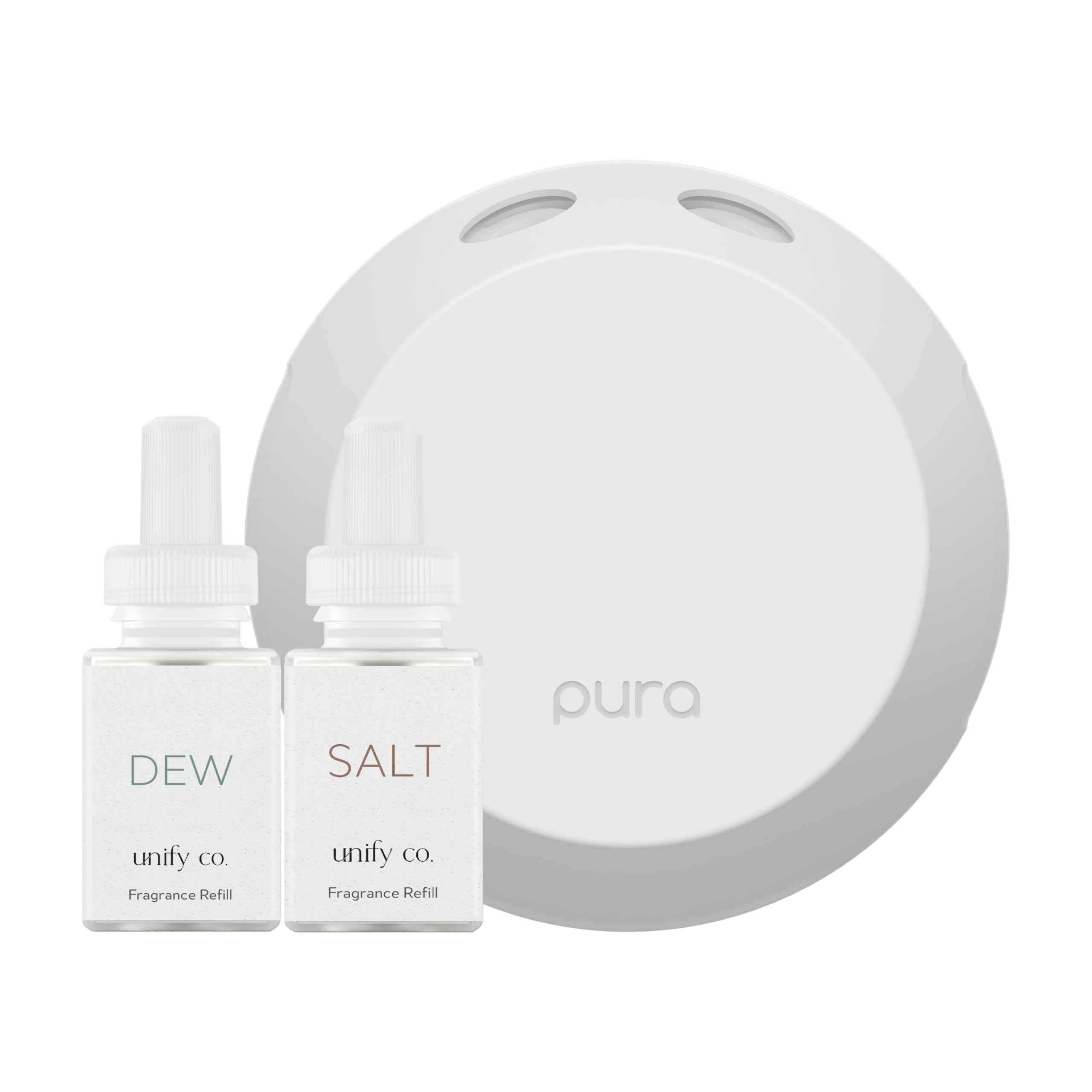 pura smart home fragrance device starter set - pura 4 - scent diffuser for home - includes fragrance aroma diffuser - square box, dew and salt scent refills