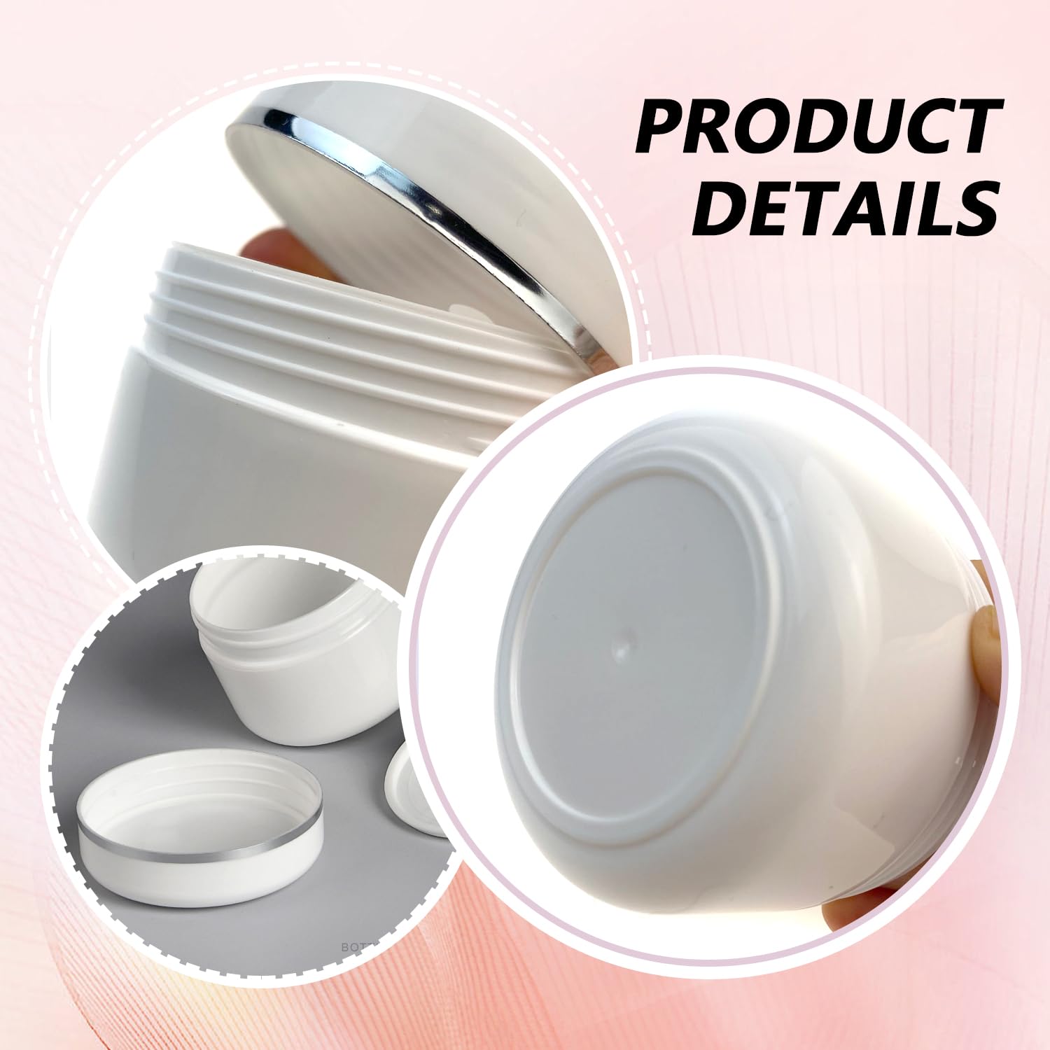 Set of white cosmetic jars with inner liners, viewed from above.