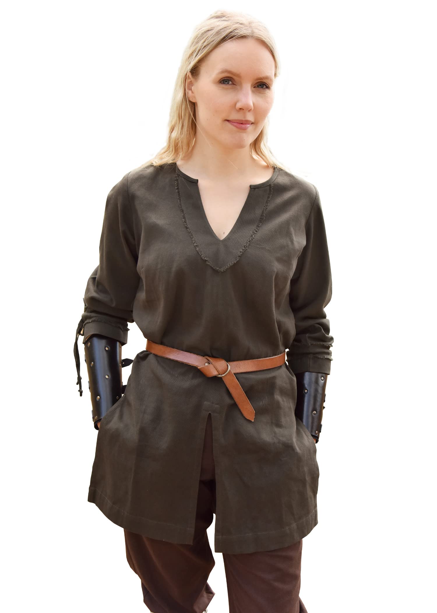Battle-Merchant - Medieval Tunic Ylva for Women - Fitted Shirt - Shield Maid Outfit - LARP, Viking, Pirate, Costume - Olive Green - S
