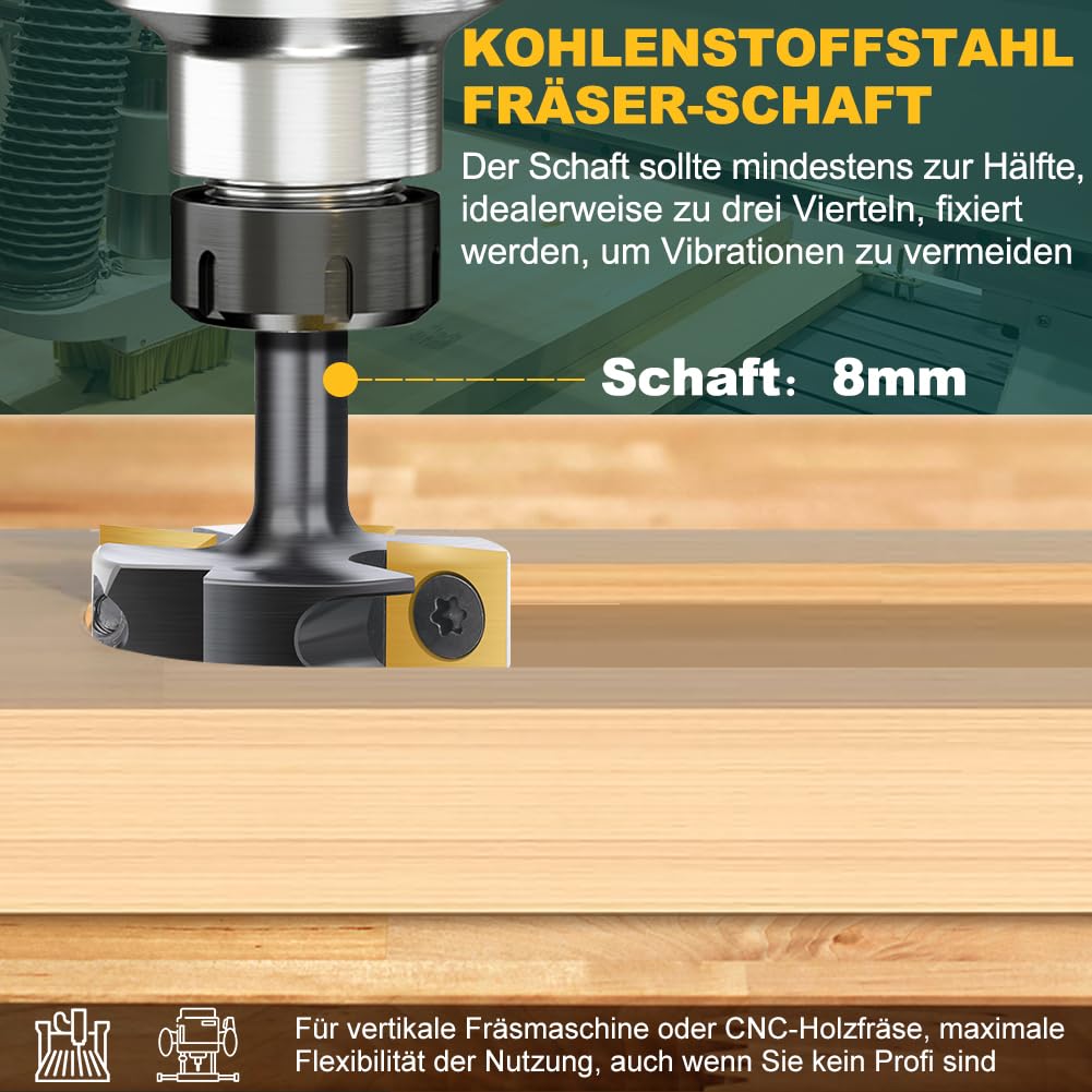 Planfräser 8mm Schaft Nutfräsen 38,1 mm Schnittdurchmesser Planfräser für Oberfräse CNC Holz Fräser mit 4 TiN-besch Hartmetallmessern 12 x 12 mm