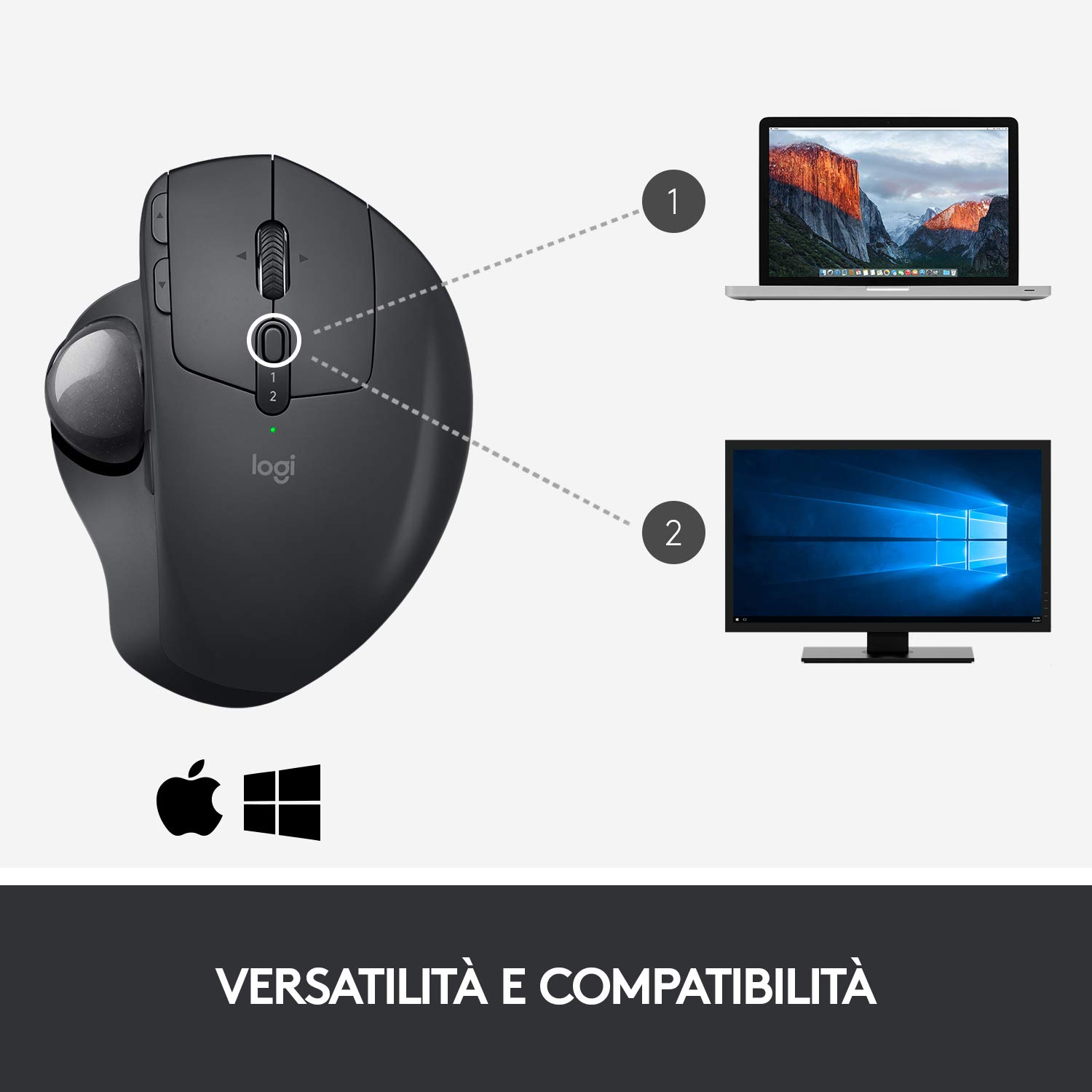 Logitech MX Ergo Mouse Trackball Wireless Ergonomico | Bluetooth o 2,4 GHz con Ricevitore USB Unifying, ‎Angolo Trackball Regolabile, Scorrimento Preciso, PC/Mac/iPadOS - Nero