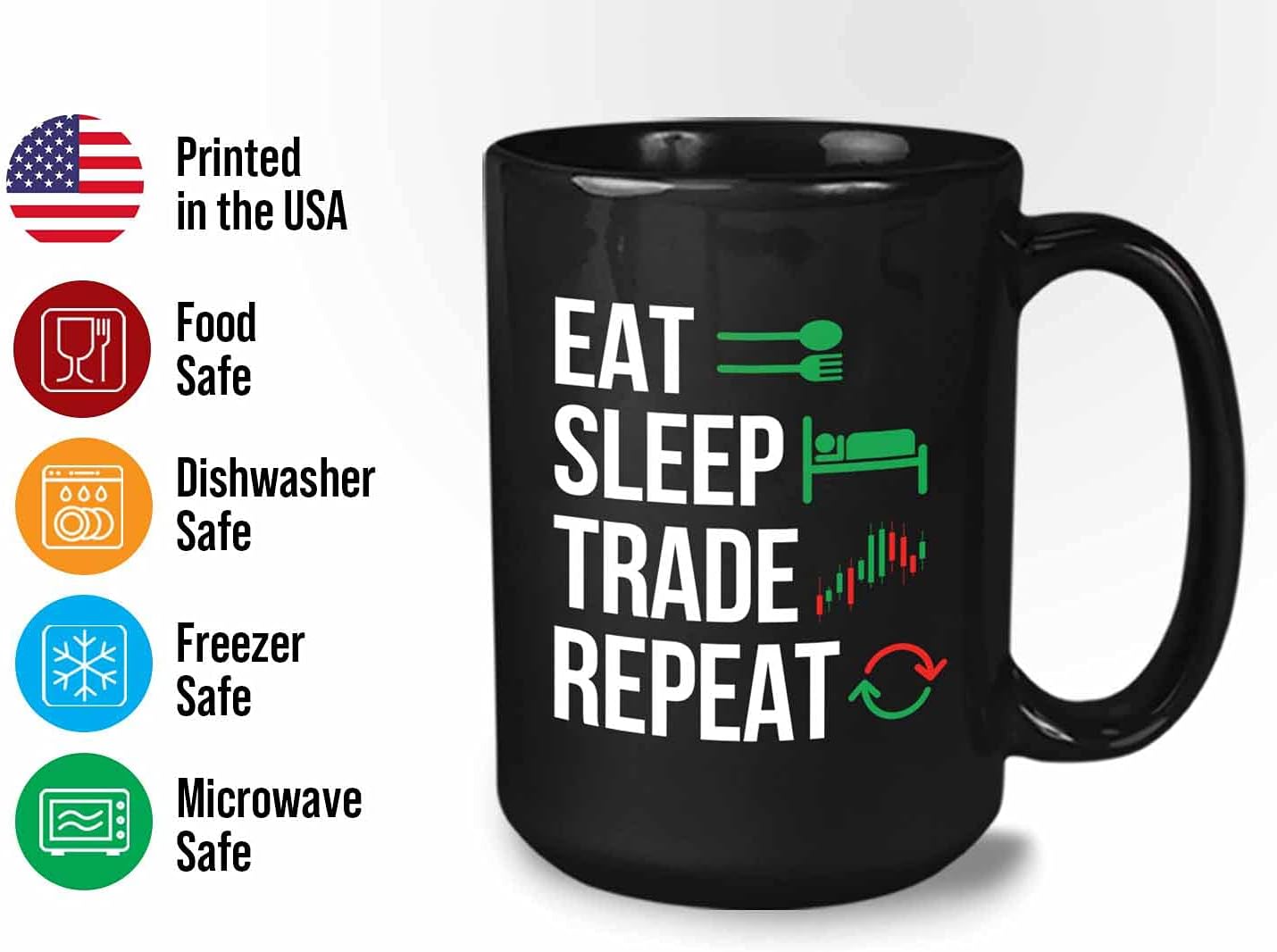 Stock Trader Coffee Mug - Eat Sleep Trade Repeat - Stock Market Traders Brokers Financial Adviser Trading Investor 15oz Black - Image 3