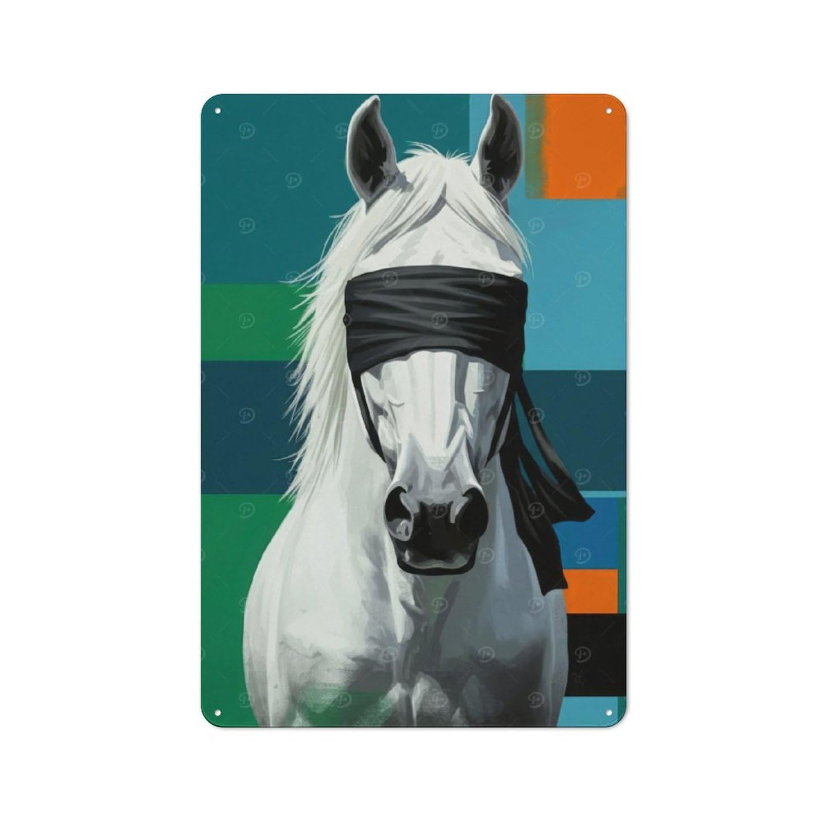 Junmoney Blindfolded White Horse Digital Art Clean Industrial Metal Wall Decor 30X20cm, Industrial Metal Sign For Workspace, Cafe, Hallway Or Garage