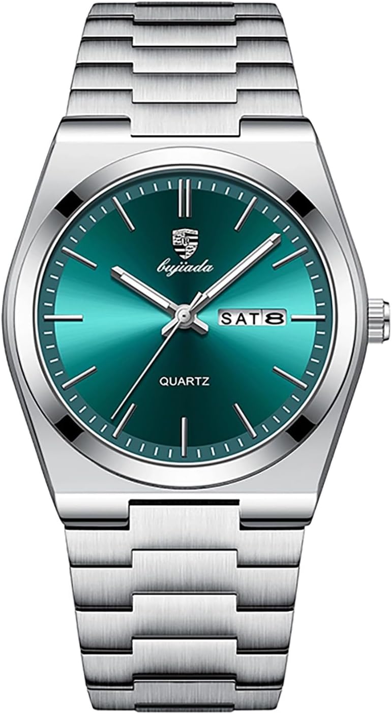 MASTOP Men's Silver Quartz Watch Waterproof Luminous Hands Business Wristwatch with Day Date Display Stainless Steel Analog Casual Fashion Watch Silver Green - Image 1 of 6