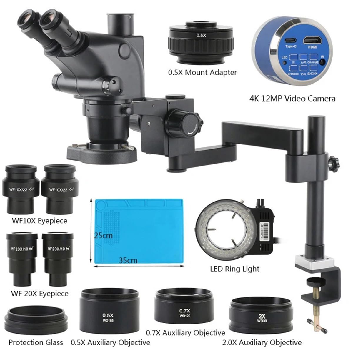 Kit di Accessori per microscopio Microscopio trinoculare Stereo 3,25X-260X 12MP 48MP 55MP 4K 2K HDMI USB VGA Tipo-c Fotocamera + Morsetto Base di Estensione Pie(Un Tipo HDMI 4K da 12 MP)